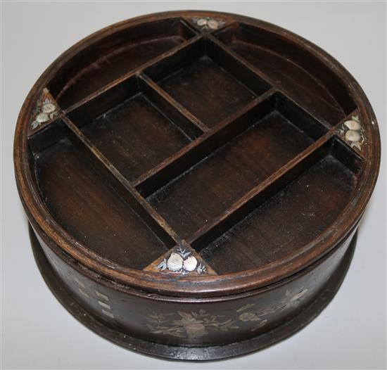 An early 20th century Chinese rosewood and mother of pearl inlaid circular box and cover, diameter 10in.